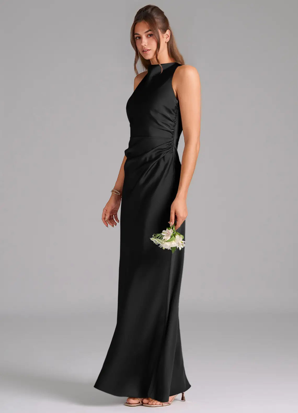 Glamorous Bridesmaid Dress with High Neckline, Crisscross Back and Ruched Side