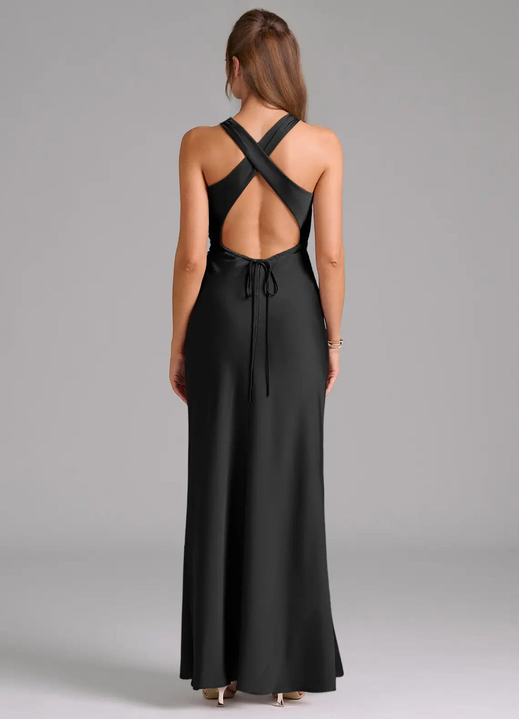 Glamorous Bridesmaid Dress with High Neckline, Crisscross Back and Ruched Side