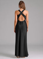 Glamorous Bridesmaid Dress with High Neckline, Crisscross Back and Ruched Side