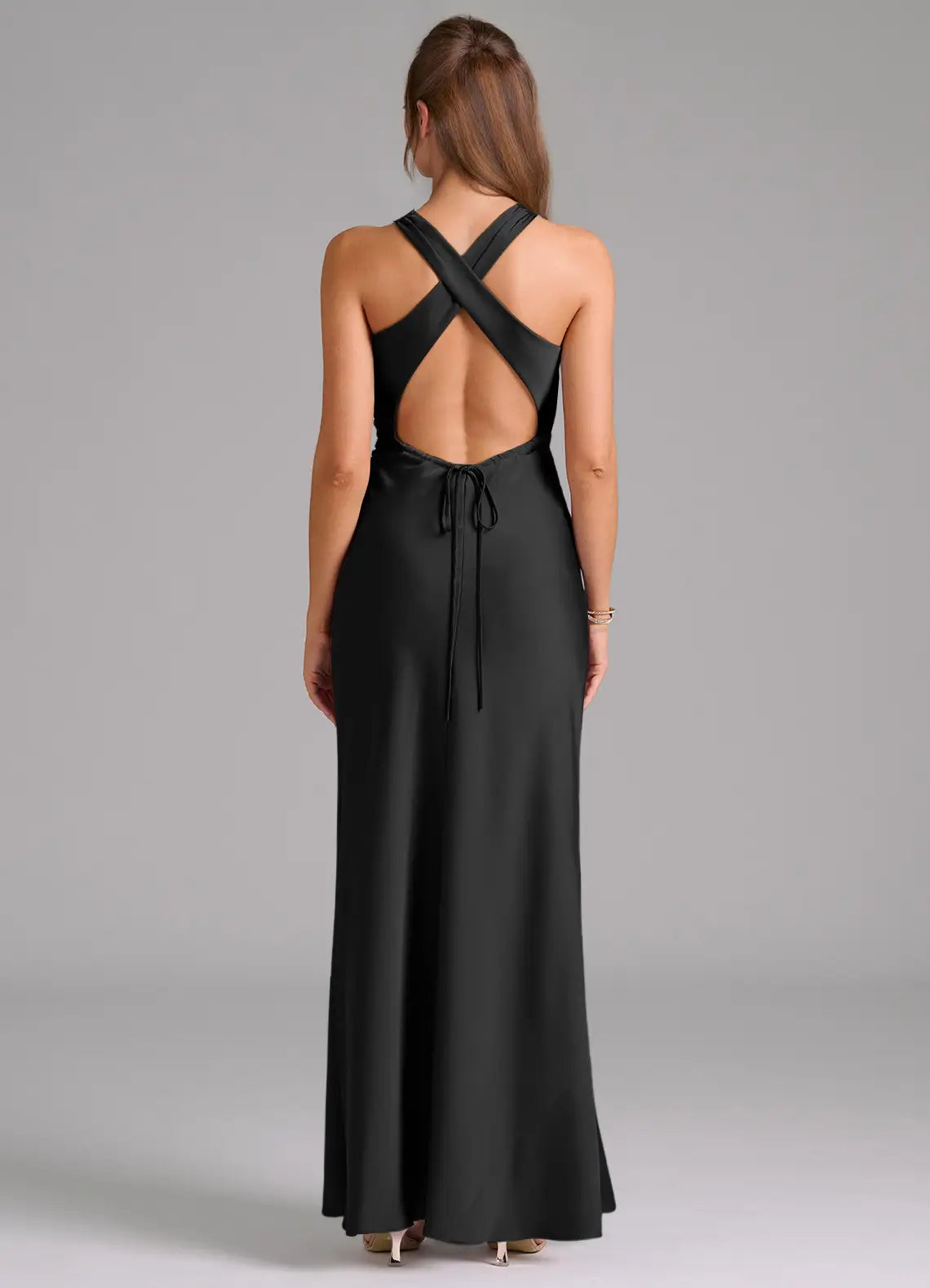 Glamorous Bridesmaid Dress with High Neckline, Crisscross Back and Ruched Side