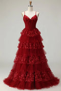 Burgundy Spaghetti Strap Tiered Ruffled Ball Gown