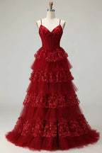 Burgundy Spaghetti Strap Tiered Ruffled Ball Gown