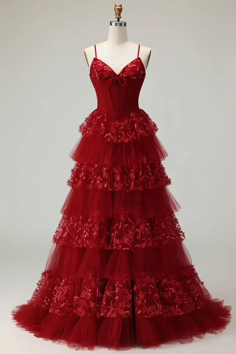 Burgundy Spaghetti Strap Tiered Ruffled Ball Gown