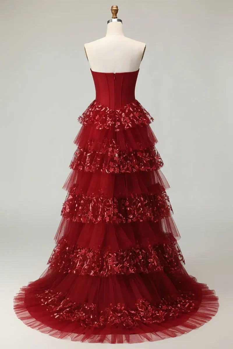 Burgundy Spaghetti Strap Tiered Ruffled Ball Gown