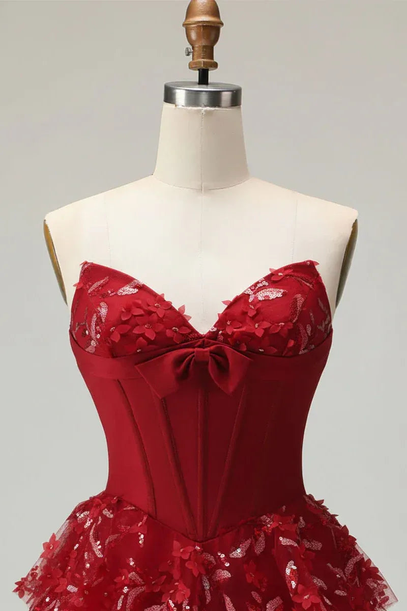 Burgundy Spaghetti Strap Tiered Ruffled Ball Gown