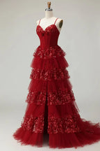 Burgundy Spaghetti Strap Tiered Ruffled Ball Gown