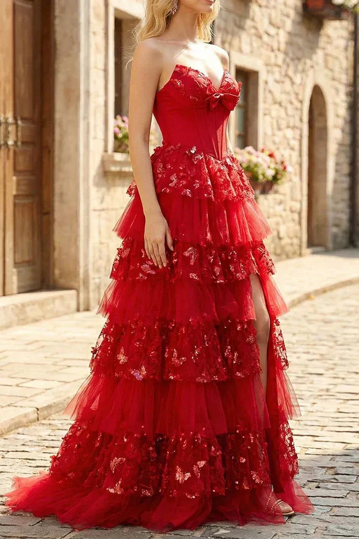 Burgundy Spaghetti Strap Tiered Ruffled Ball Gown