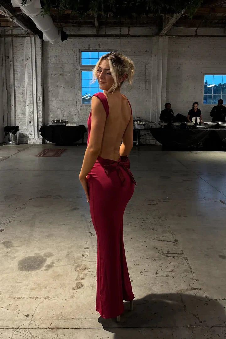 Fuchsia Open-Back Bow-Back Mermaid Floor-Length Prom Dress