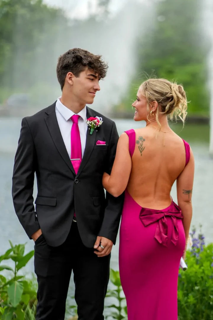 Fuchsia Open-Back Bow-Back Mermaid Floor-Length Prom Dress