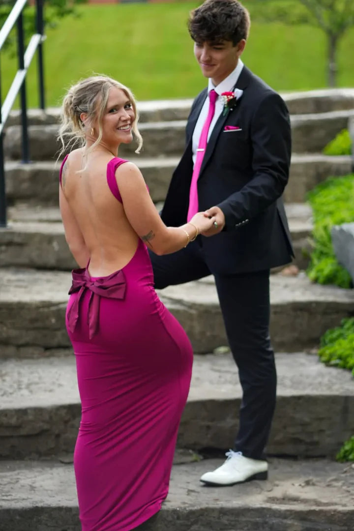 Fuchsia Open-Back Bow-Back Mermaid Floor-Length Prom Dress