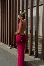 Fuchsia Open-Back Bow-Back Mermaid Floor-Length Prom Dress