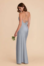 Glamorous Dusty Blue Satin Cowl Neck Spaghetti-Strap Maxi Bridesmaid Dress with Crisscross Back & High Side Slit