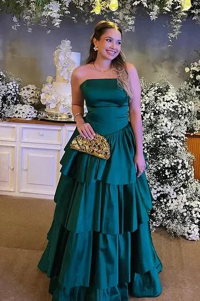 Green Emerald Strapless Tiered Ruffled Gown