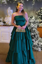 Green Emerald Strapless Tiered Ruffled Gown