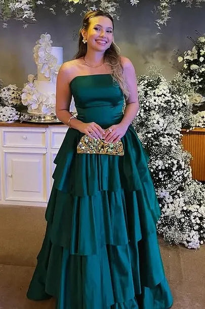 Green Emerald Strapless Tiered Ruffled Gown