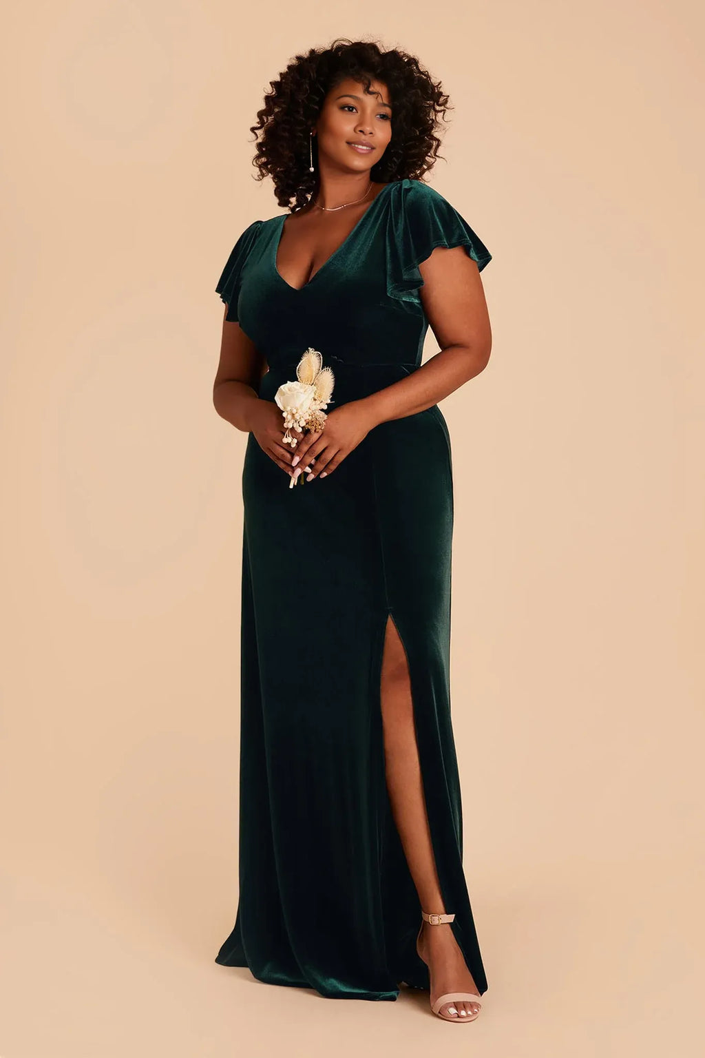 Glamorous Empire V Neck Flutter Sleeve Velvet Slit Maxi Bridesmaid Dress