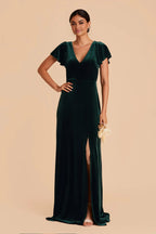 Glamorous Empire V Neck Flutter Sleeve Velvet Slit Maxi Bridesmaid Dress