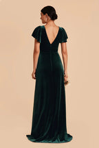 Glamorous Empire V Neck Flutter Sleeve Velvet Slit Maxi Bridesmaid Dress