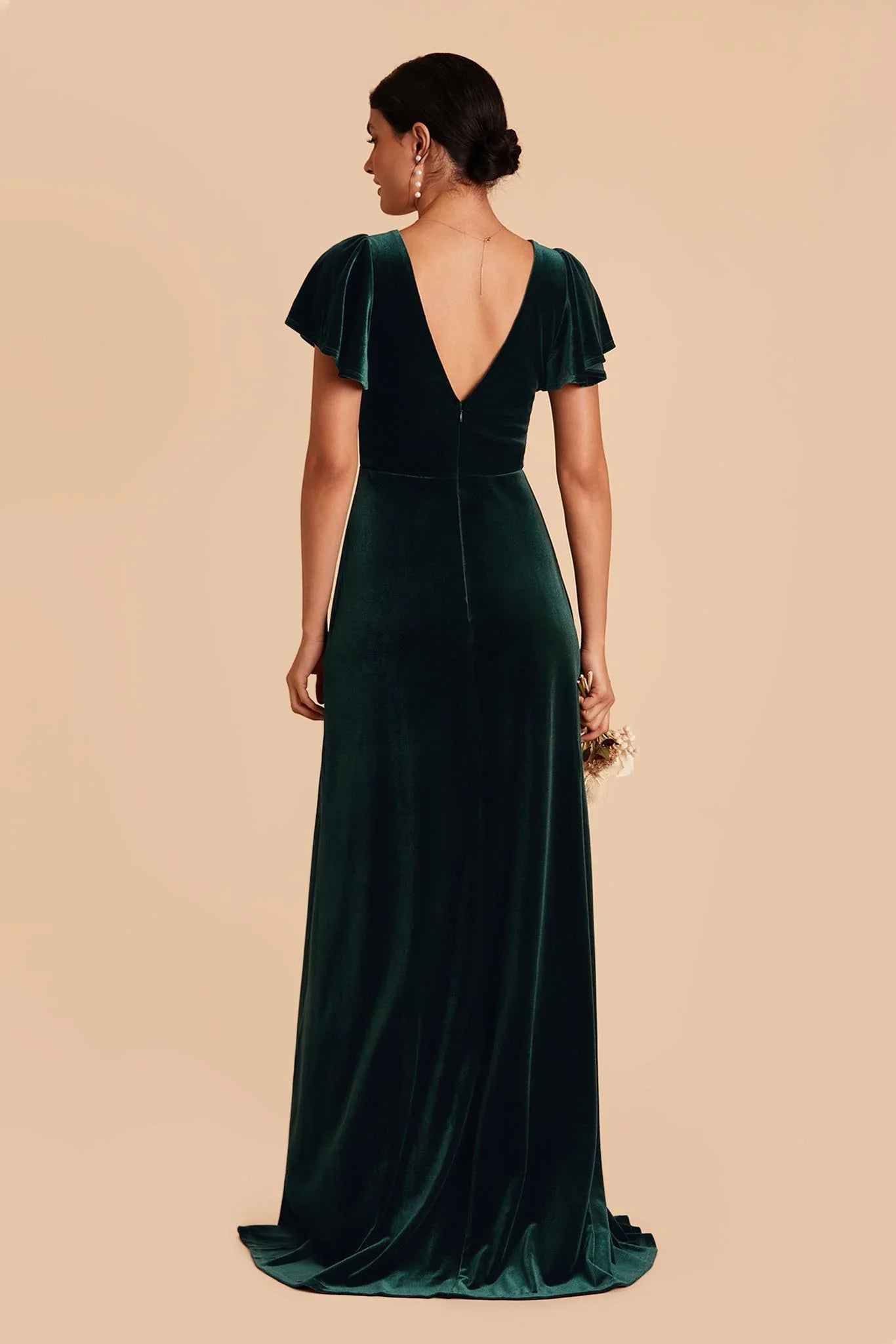 Glamorous Empire V Neck Flutter Sleeve Velvet Slit Maxi Bridesmaid Dress