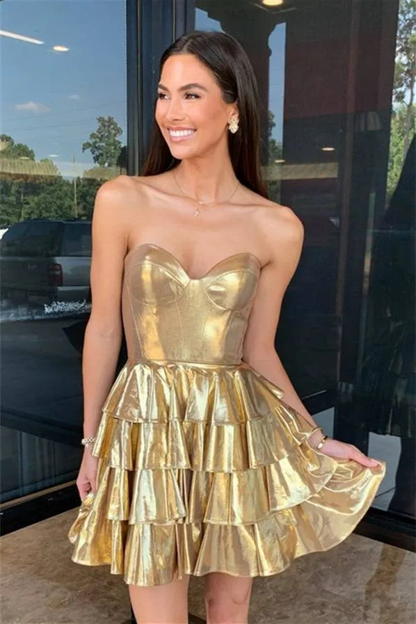 Metallic Strapless Tiered Ruffled Mini Homecoming Dress With Corset Bodice