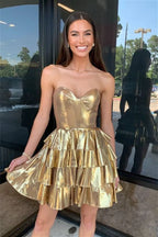 Metallic Strapless Tiered Ruffled Mini Homecoming Dress With Corset Bodice