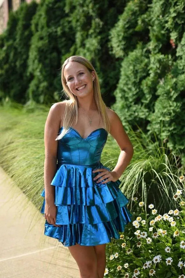 Metallic Strapless Tiered Ruffled Mini Homecoming Dress With Corset Bodice