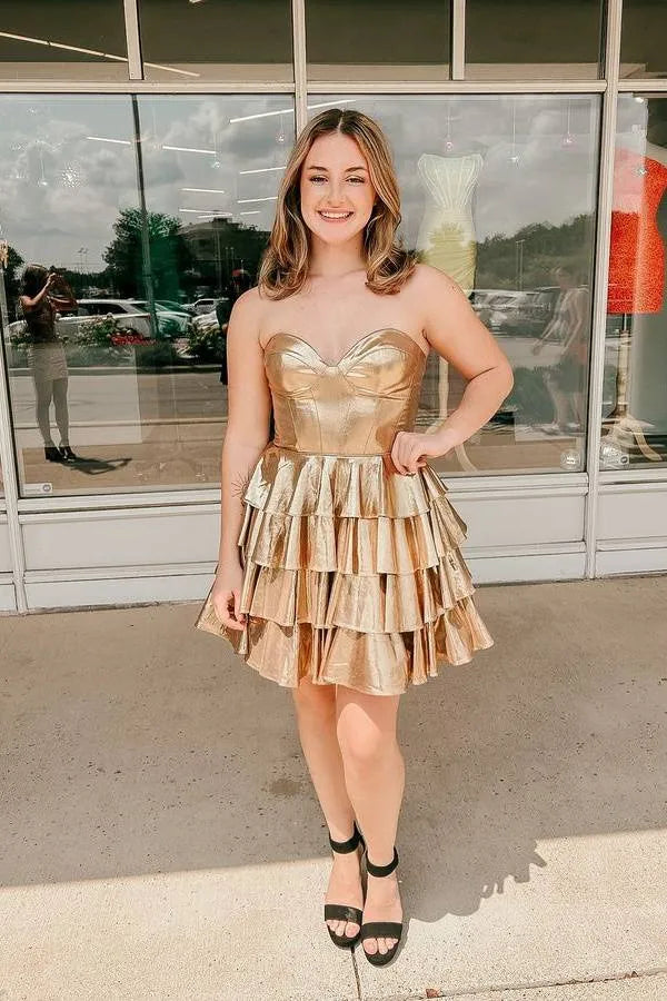 Metallic Strapless Tiered Ruffled Mini Homecoming Dress With Corset Bodice