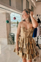 Metallic Strapless Tiered Ruffled Mini Homecoming Dress With Corset Bodice