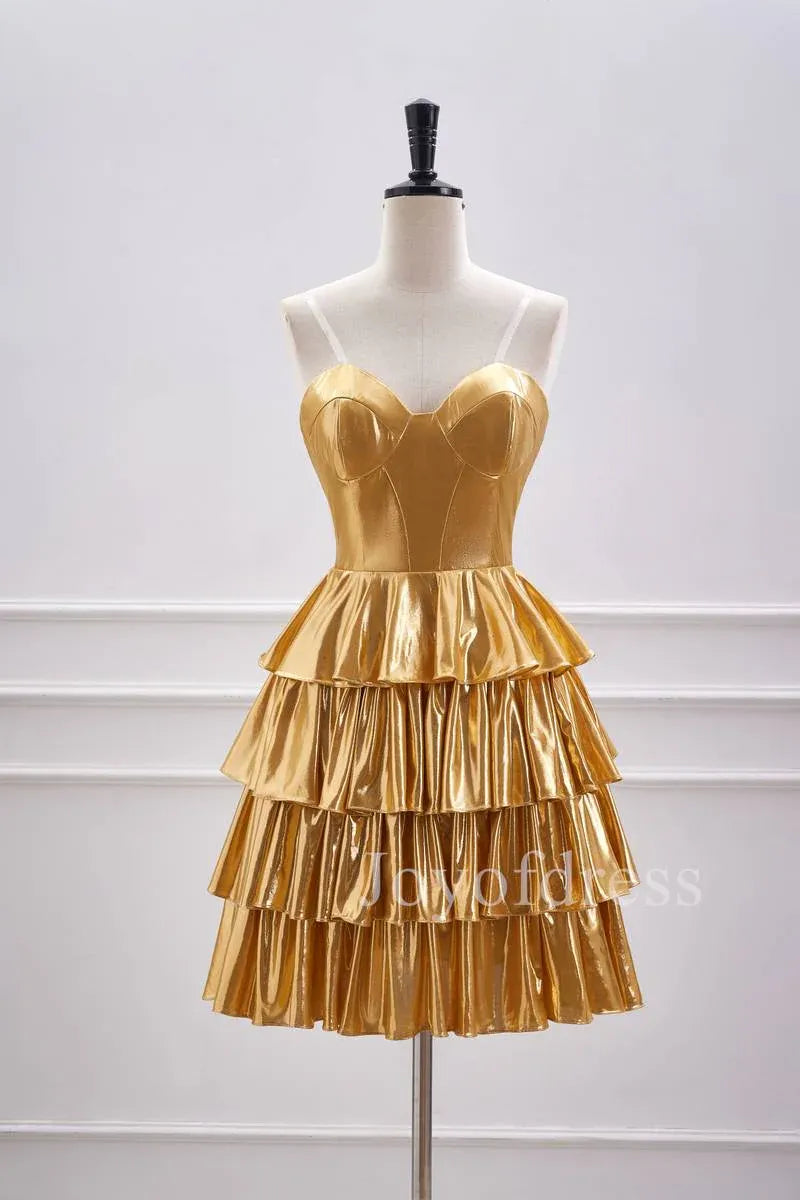 Metallic Strapless Tiered Ruffled Mini Homecoming Dress With Corset Bodice