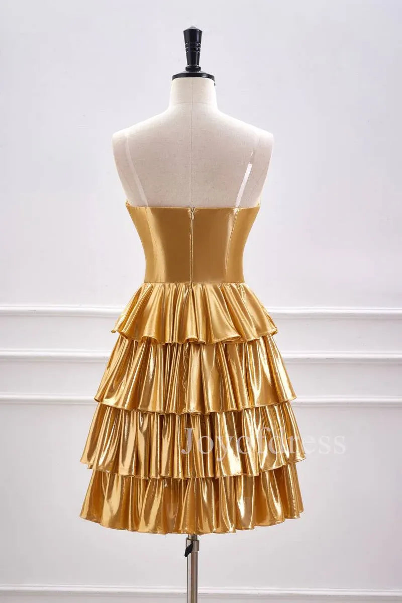 Metallic Strapless Tiered Ruffled Mini Homecoming Dress With Corset Bodice