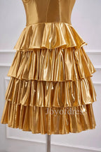 Metallic Strapless Tiered Ruffled Mini Homecoming Dress With Corset Bodice