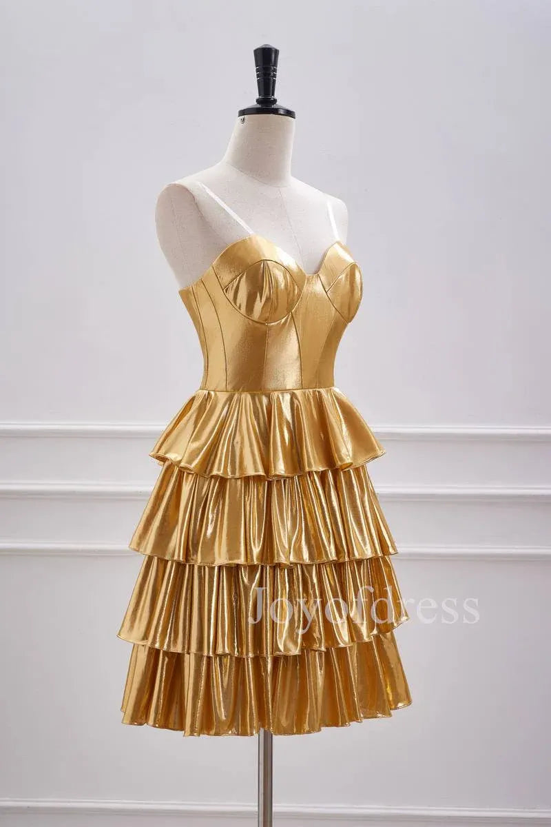 Metallic Strapless Tiered Ruffled Mini Homecoming Dress With Corset Bodice
