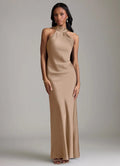 Glamorous Halter Bridesmaid Dresses with Satin Sash Detail, Low Back Design and Lustrous Satin Maxi Silhouette Formal Gown