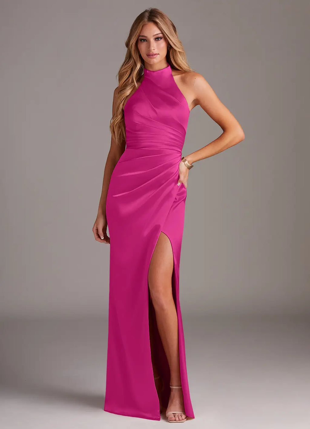 Glamorous Halter Neck Ruched Waist High Slit Satin Floor-Length Bridesmaid Dresses