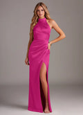 Glamorous Halter Neck Ruched Waist High Slit Satin Floor-Length Bridesmaid Dresses