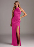 Glamorous Halter Neck Ruched Waist High Slit Satin Floor-Length Bridesmaid Dresses