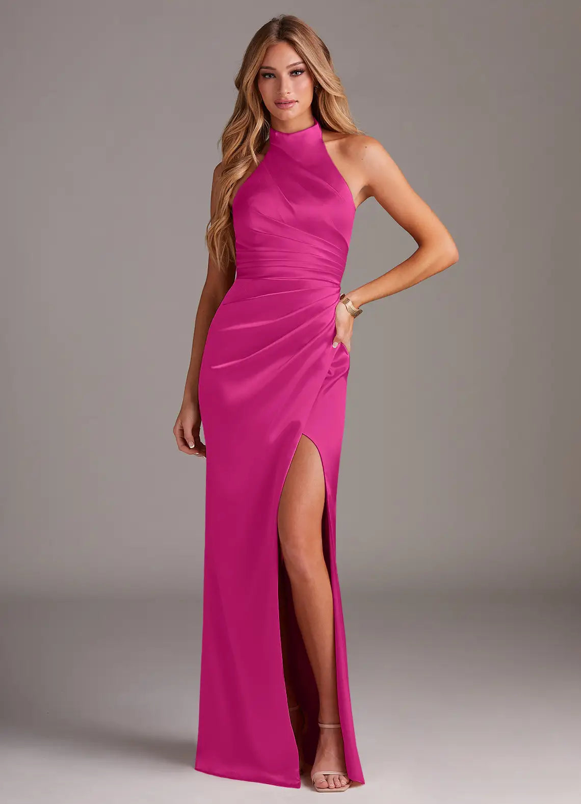 Glamorous Halter Neck Ruched Waist High Slit Satin Floor-Length Bridesmaid Dresses