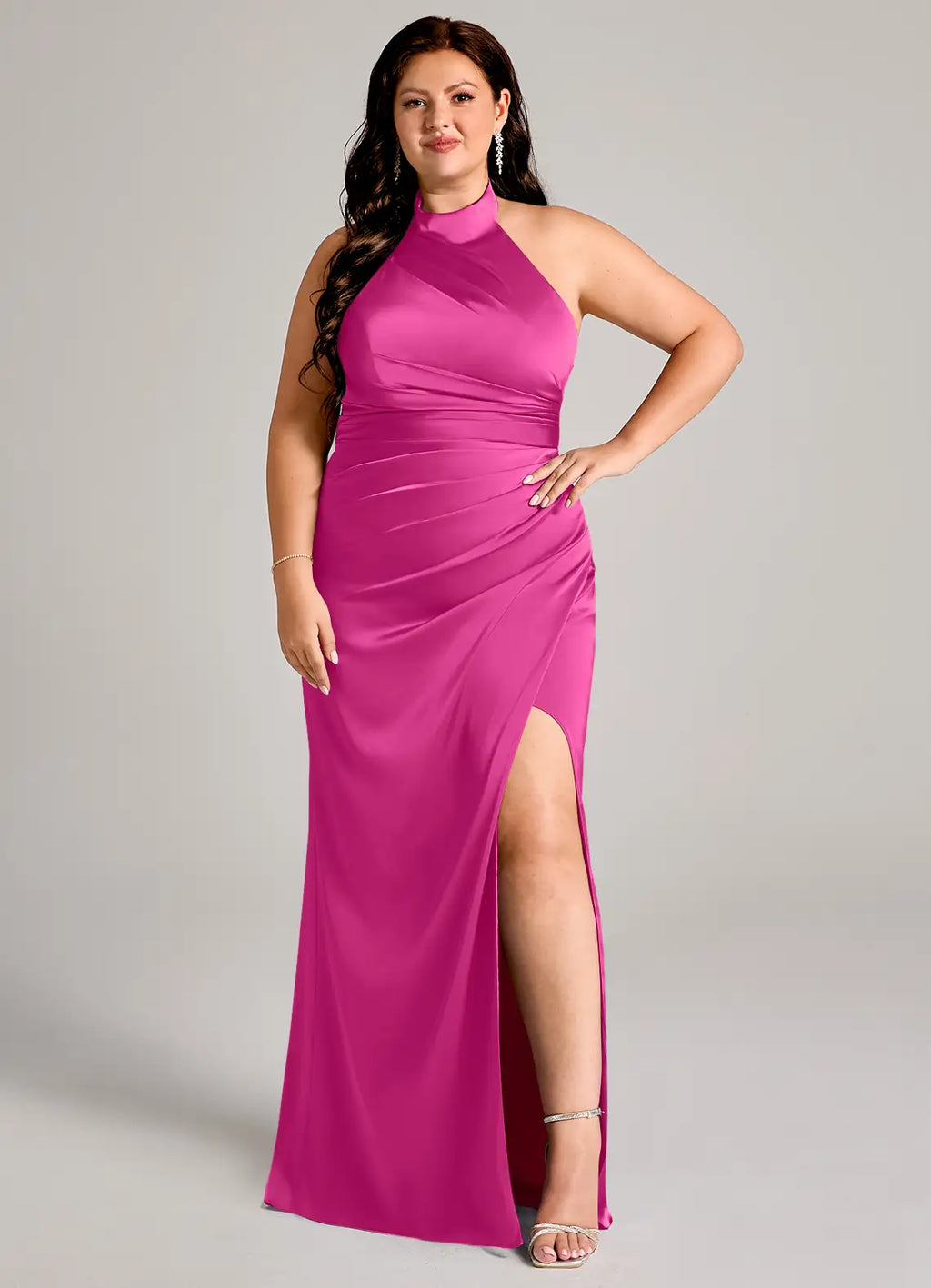 Glamorous Halter Neck Ruched Waist High Slit Satin Floor-Length Bridesmaid Dresses