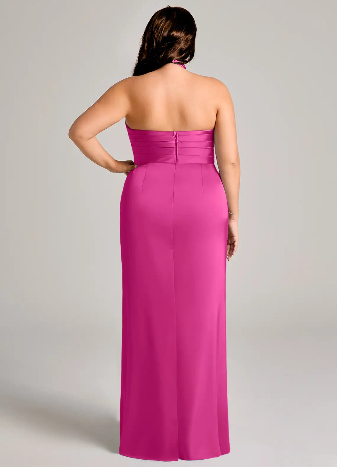 Glamorous Halter Neck Ruched Waist High Slit Satin Floor-Length Bridesmaid Dresses