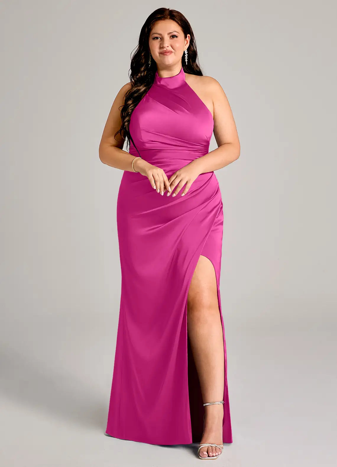Glamorous Halter Neck Ruched Waist High Slit Satin Floor-Length Bridesmaid Dresses