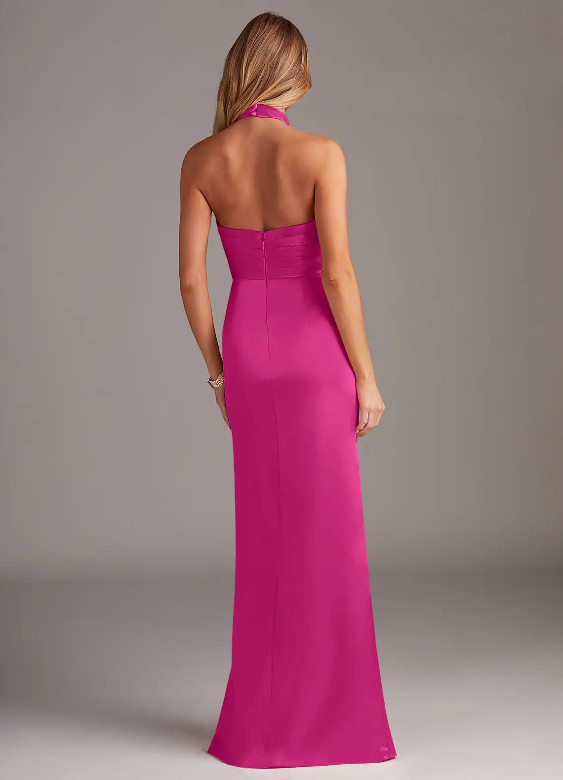 Glamorous Halter Neck Ruched Waist High Slit Satin Floor-Length Bridesmaid Dresses