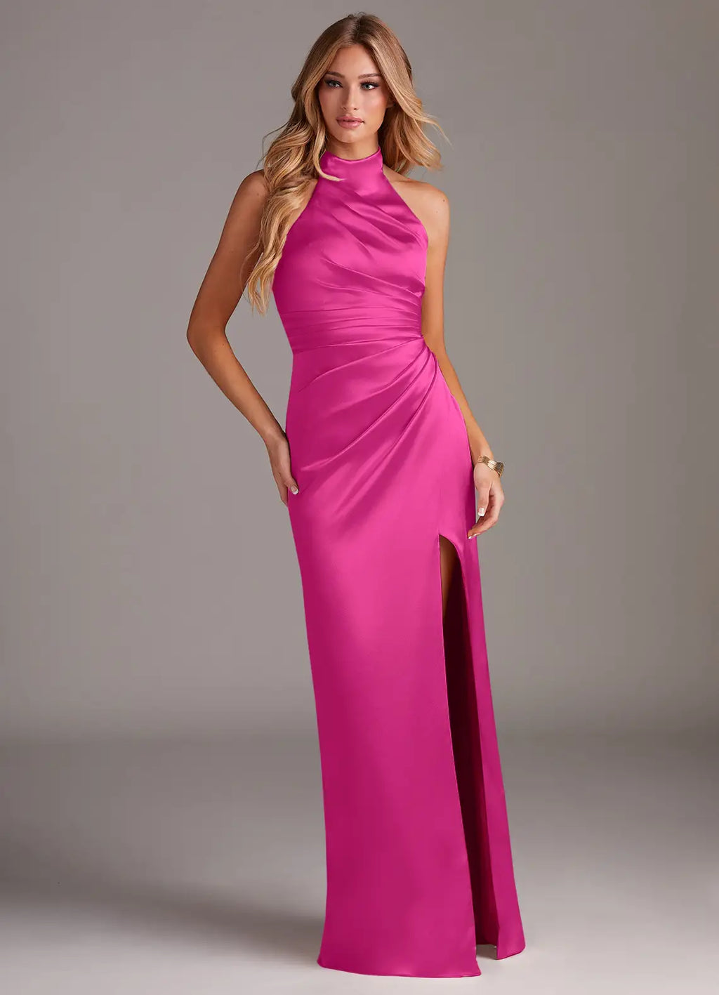 Glamorous Halter Neck Ruched Waist High Slit Satin Floor-Length Bridesmaid Dresses