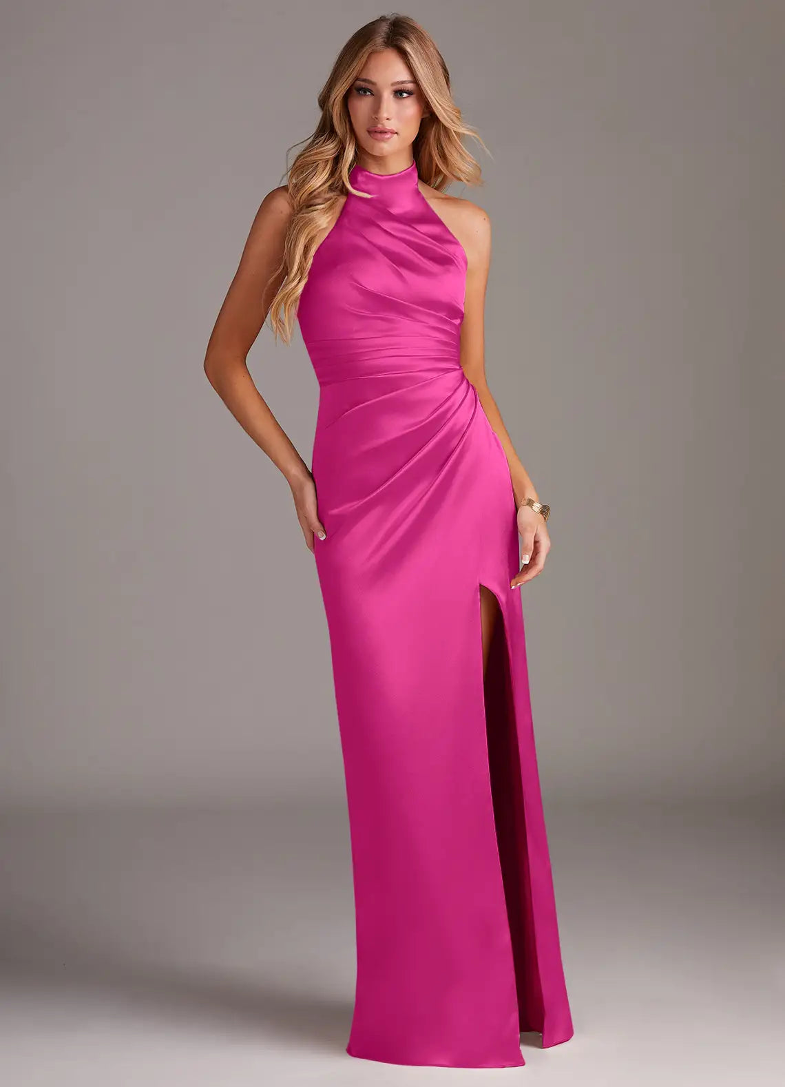 Glamorous Halter Neck Ruched Waist High Slit Satin Floor-Length Bridesmaid Dresses
