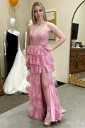 Pink Hot Pink Spaghetti Strap Tie Ruffled Gown With Corset