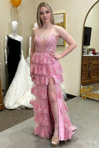 Pink Hot Pink Spaghetti Strap Tie Ruffled Gown With Corset