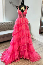 Pink Hot Pink Spaghetti Strap Tie Ruffled Gown With Corset