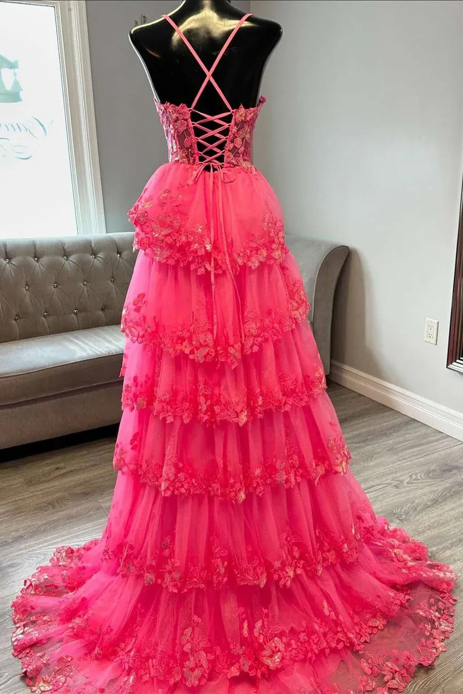 Pink Hot Pink Spaghetti Strap Tie Ruffled Gown With Corset