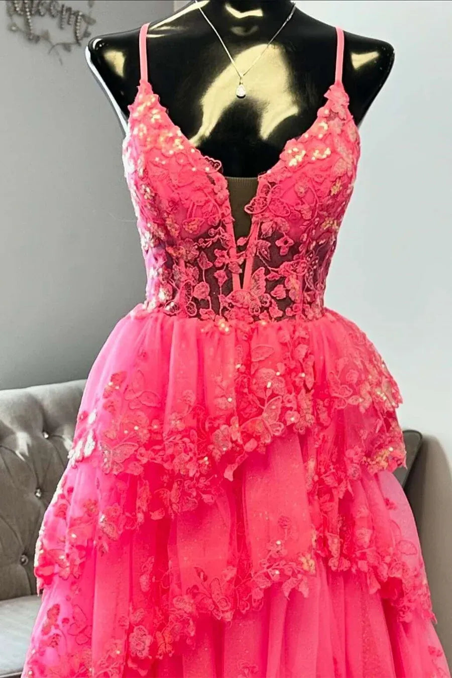 Pink Hot Pink Spaghetti Strap Tie Ruffled Gown With Corset