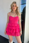 Pink Hot Pink Spaghetti Strap Tie Ruffled Mini Homecoming Dress