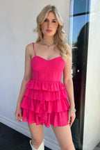 Pink Hot Pink Spaghetti Strap Tie Ruffled Mini Homecoming Dress